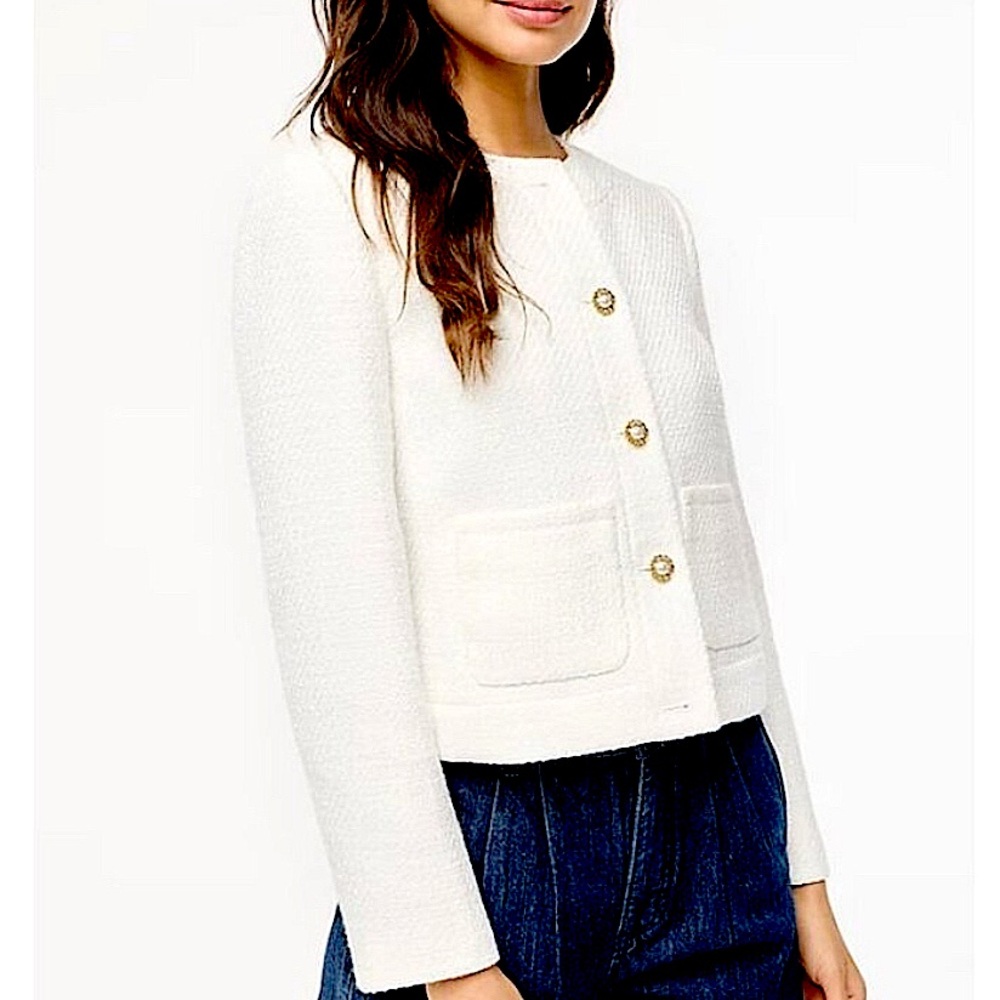 JCREW Tweed Lady Jacket White size 10. Gorgeous pearl and gold chain buttons.